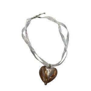 Pink & Gold Glass Heart Pendant on Double Pink Ribbon Chain. Pre owned.